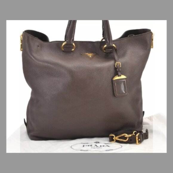 AUTHENTIC PRADA BROWN VINTAGE LEATHER NAPPA 2 WAY SHOULDER TOTE BAG - Picture 1 of 14